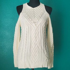 Embossed Peep Shoulder Pearl Embellished White Sweater
